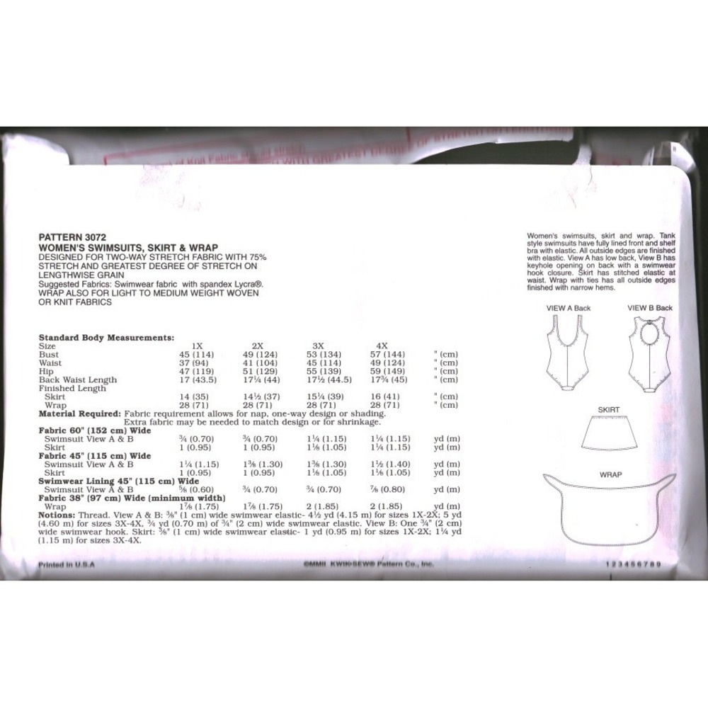 Kwik Sew 3072 Womens Swimsuit Skirt Wrap Pattern Plus Size 1X-4X K Martensson - Picture 2 of 2